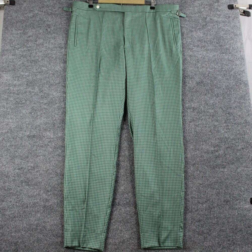 Frere Pants Mens 42 Trouser Green Wool Check Side Adjusters Pleated Luxury Retro